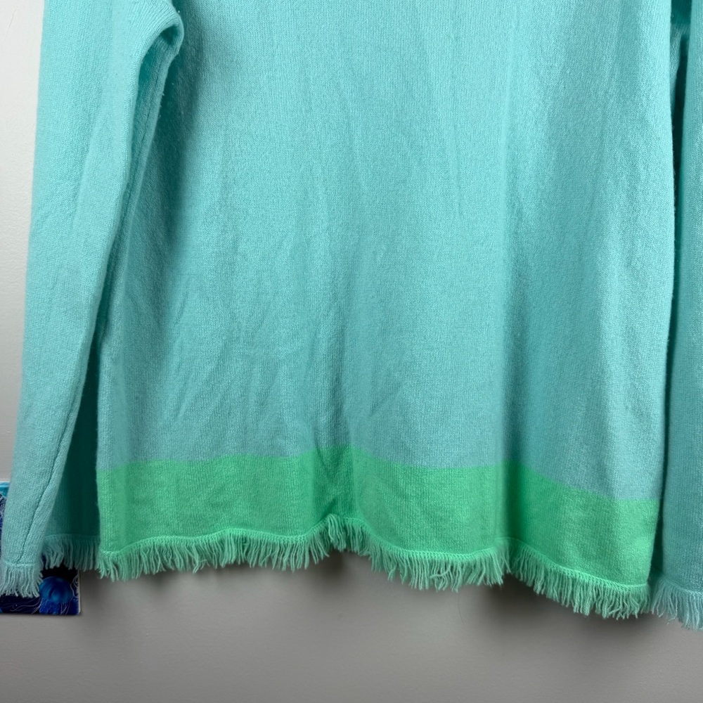 LILLY PULITZER Fairfax Fringe Blue Green Cashmere Sweater Size Large Preppy - Picture 6 of 8